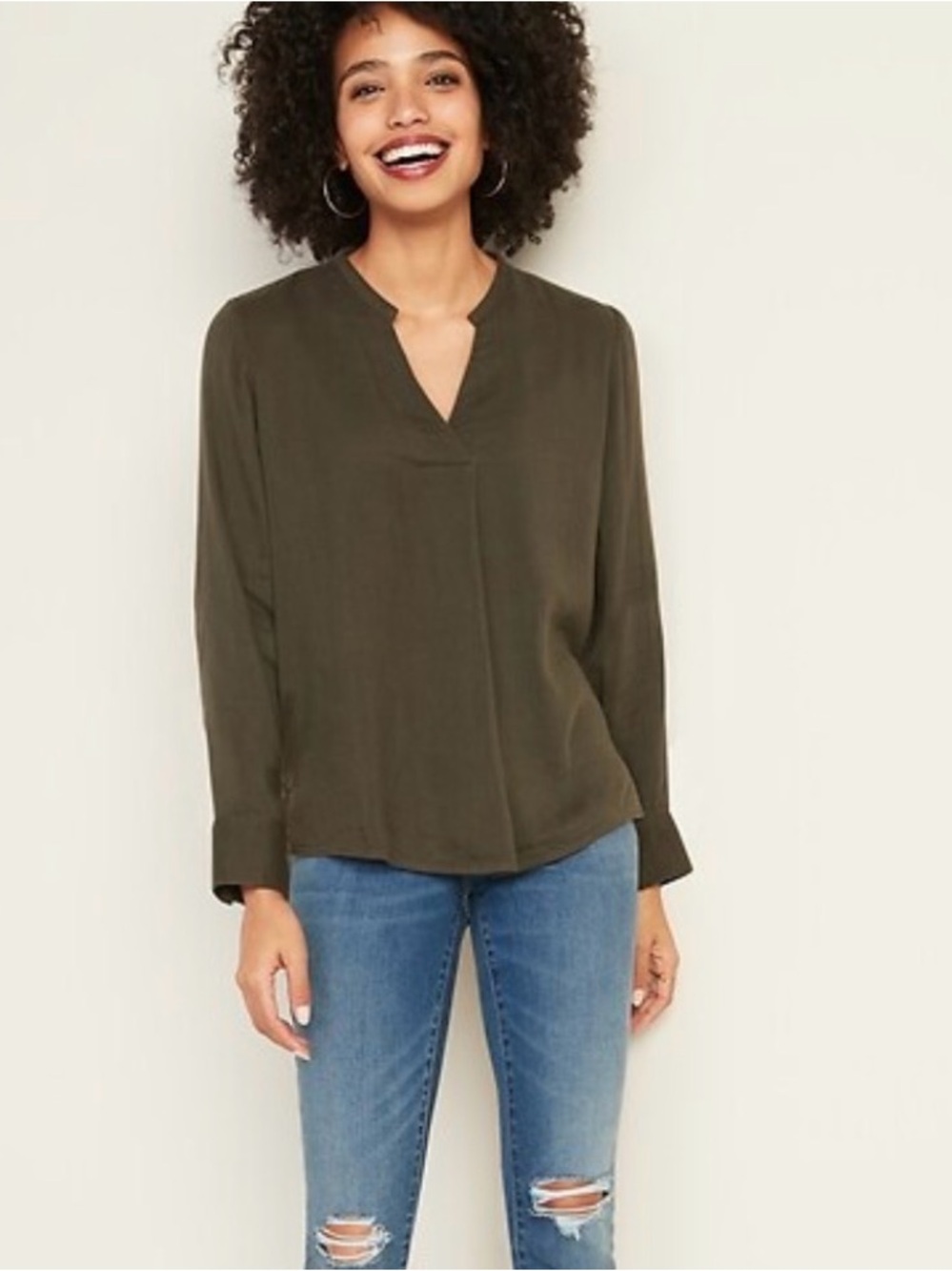 Old Navy Olive Green Split-Neck Long Sleeve Blouse